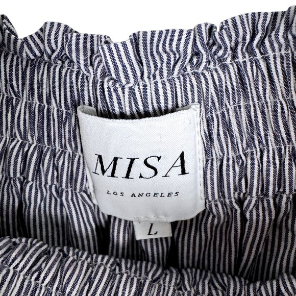 MISA Los Angeles Pinstripe Smocked Ruffle Cotton Dress Womens Large Puff Sleeves - Picture 3 of 7